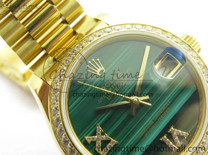 MiroTime 0305 Versatile Daydate 278288 31mm YG EWF Best Edition Green Malachite Dial Crystal Markers on YG President Bracelet ETA 2606